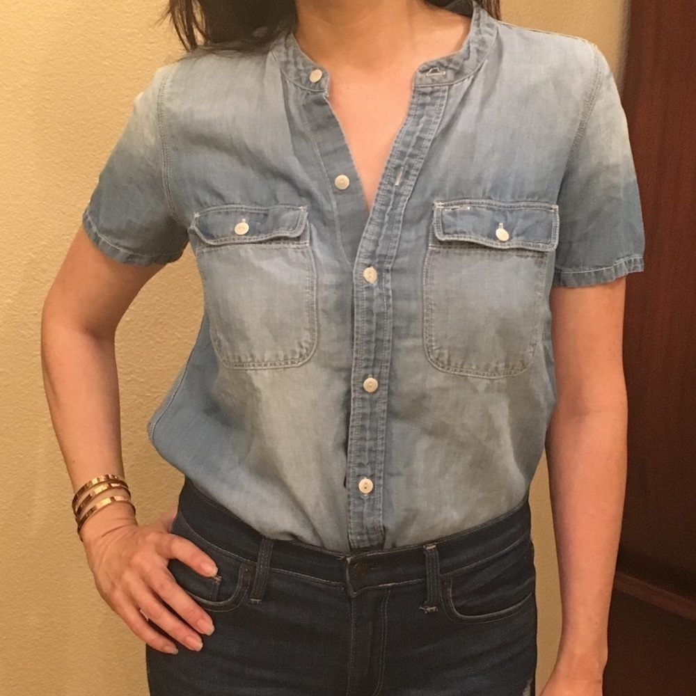 MADEWELL Women Blue Chambray Button Short Sleeve Top Size Xsmall